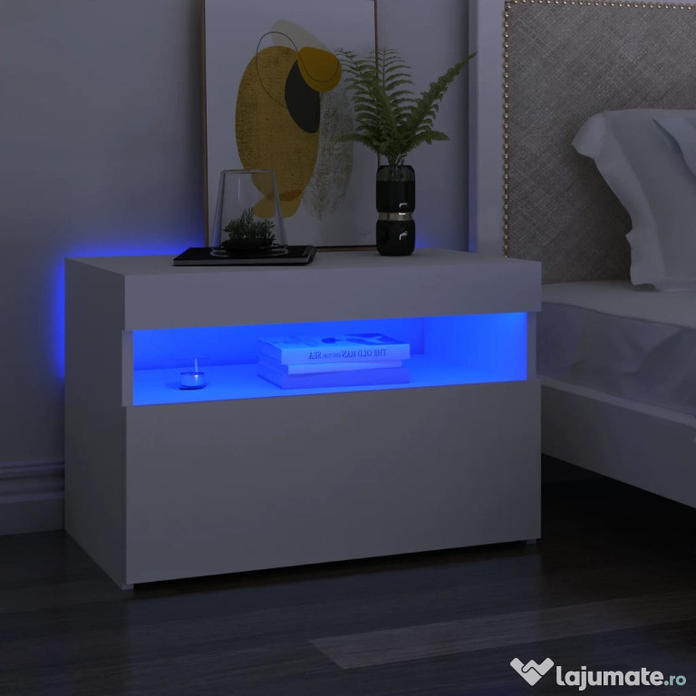 Noptiere Dormitor cu lumini LED, Set 2 bucati 60x35x40cm Alb