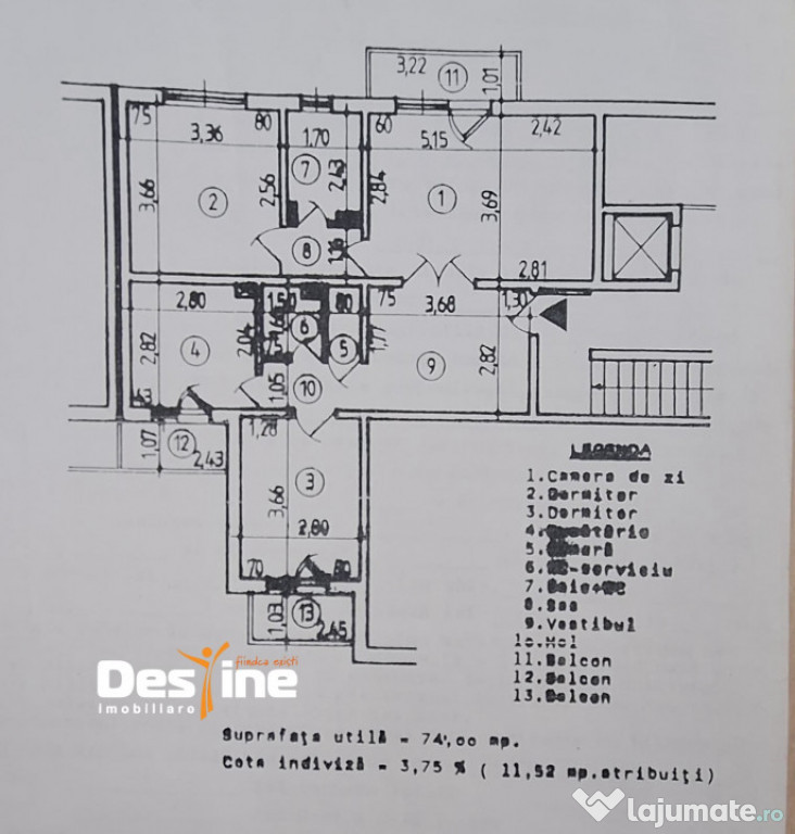 Zimbru, apartament 3 camere, decomandat, 74mp, et 6, 115000