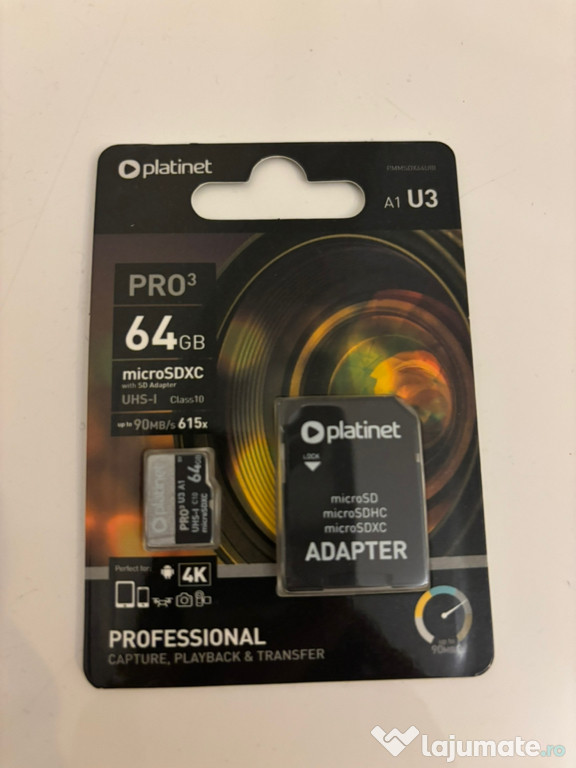 MicroSDXC 64GB U3 Pro A1 90MB/s + adaptor SD
