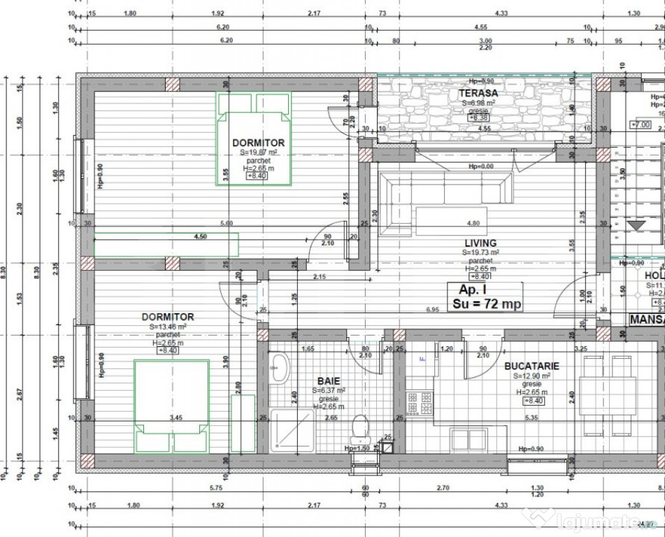 Apartament 72mp, semifinisat, cu 3 camere, balcon 7 mp, Apah