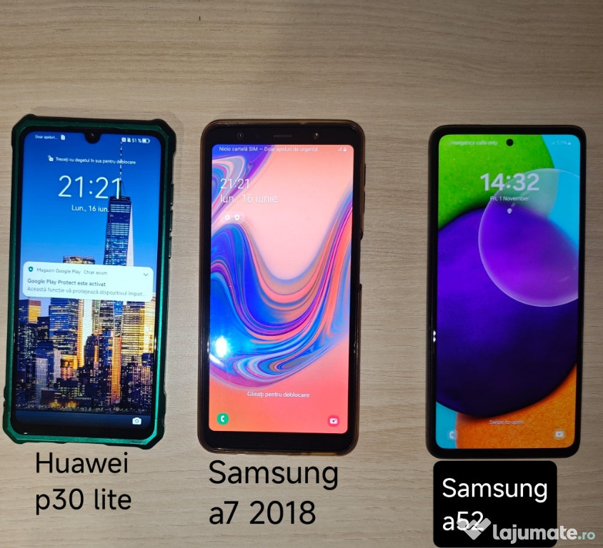 Lot 3 telefoane Samsung A7, A52 și Huawei P30 Lite