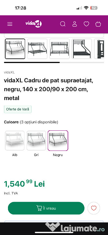Vând cadru pat supraetajat metalic, negru – 140/90 x 200 cm – FĂRĂ sal
