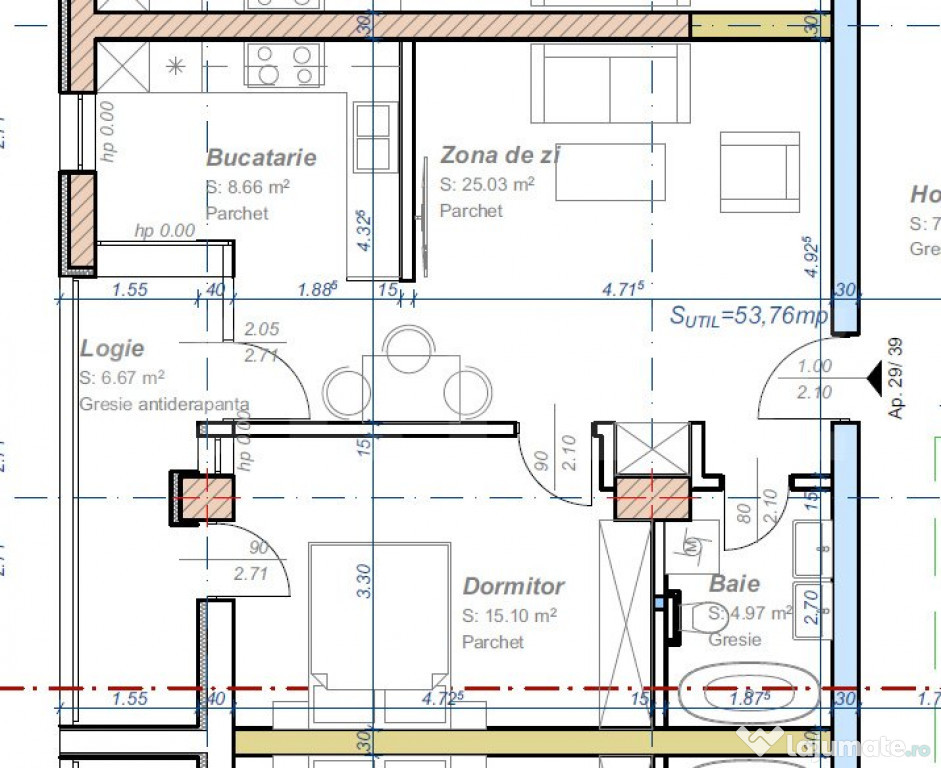 Apartament cu 2 camere, semidecomandat, 53 mp utili, logie 6