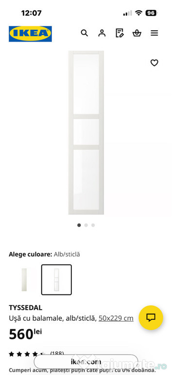 Ikea TYSSEDAL Uşă cu balamale, alb/sticlă, 50x229 cm