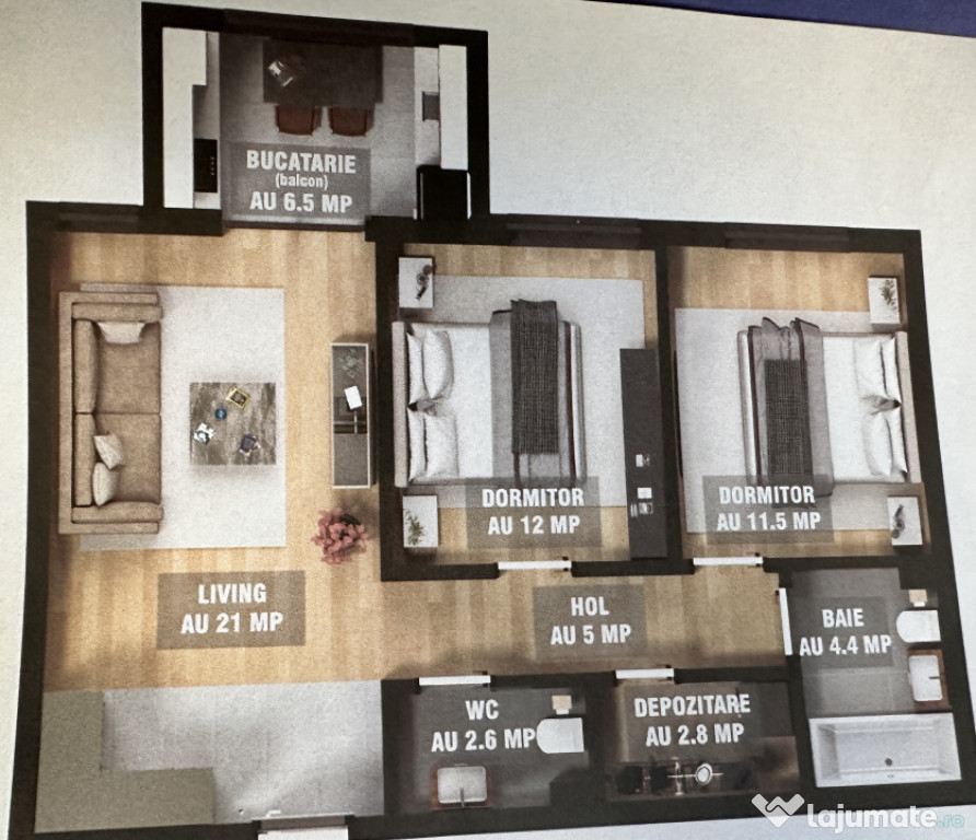 Apartament spațios cu 3 camere 0 % comision, 60 Mp, 2 băi,