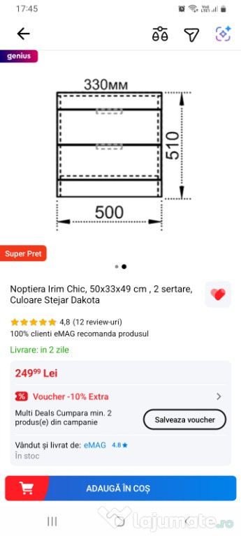 Noptiera 50 cm inaltime culoare stejar Dakota