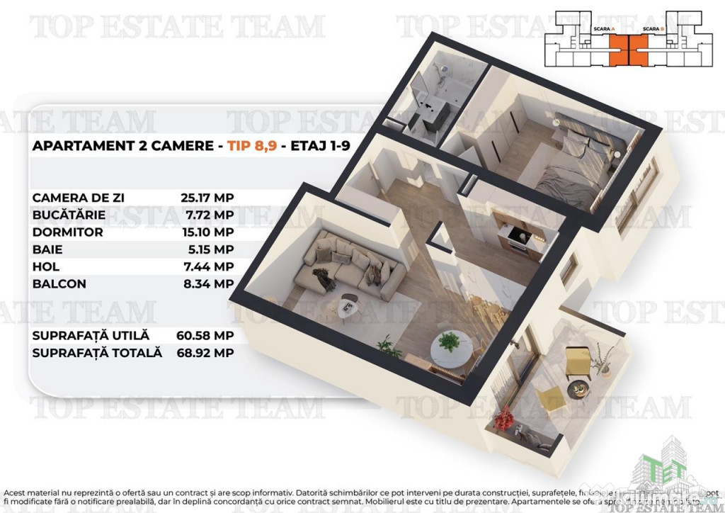 Apartament 2 camere intr-un bloc nou, modern, 61mp utili b