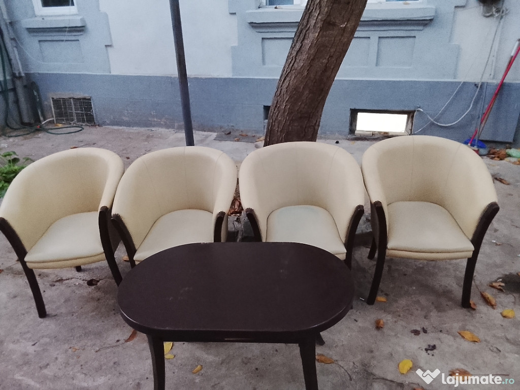 Set masa lemn masiv și fotolii piele naturala