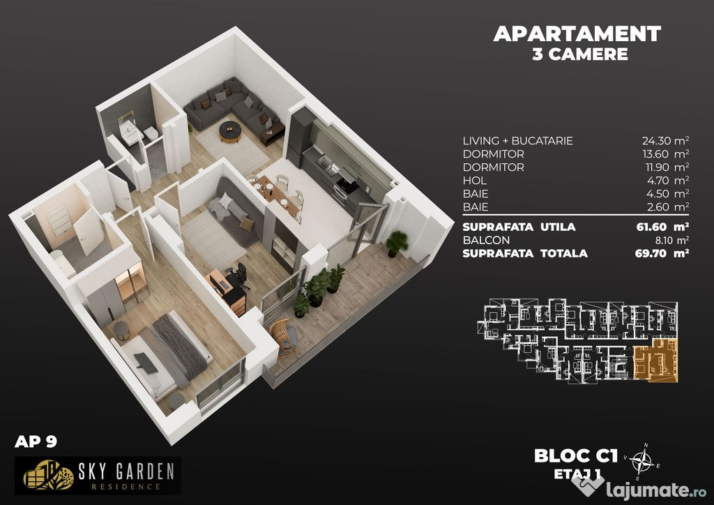 3cam,2bai, dec.(living deschis cu buc), la 3min de metrou...