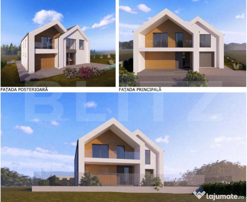 Casa premium semifinisata cu geam panoramic, garaj si teren