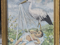 Tablou 1965 Barza cu bebeluș pictura ulei inramat 42x54