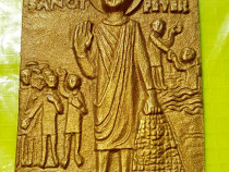 F368-Placheta aplica Sf. PETRU cu plasa, botez si credinciosi bronz.