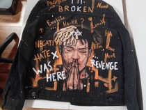 Jachetă denim neagră – pictată manual, mărimea S