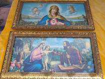 Tablou litografie icoana veche Fecioara Maria, Sfanta Famile