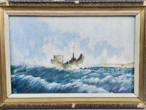 Tablou Peisaj Marin cu Vapor pictura ulei inramat 34x49cm