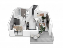 Apartament cu 2 camere 52,65 mp+terasa 10,90 mp, etajul 1