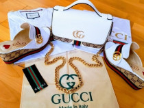 Set Gucci (saboti si geanta)logo metalic auriu model nou