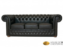 Canapea din piele naturală, 3 locuri,negru, Chesterfield Brand