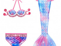 Set 3 piese Costum Sirena Ariel THK®, 5-6ani, Roz cu stelute, 120 cm