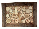 Tablou rustic handmade din rondele de lemn, rama arsa, lacuita