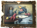 Pictura pe panza, un peste pe un platou, de Victor Stupariu