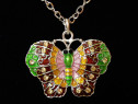 Colier suflat argint pandantiv fluture verde, maro, roz