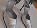 Pantofi dama Stilletto,piele naturala,nr.37,argintii,noi,toc