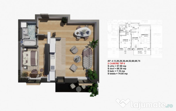 Comision 0% la cumparator! Apartament 2 camere, 65 mp, Satin