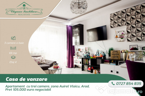 Apartament cu trei camere de vânzare, zona Vlaicu, Arad. Pr