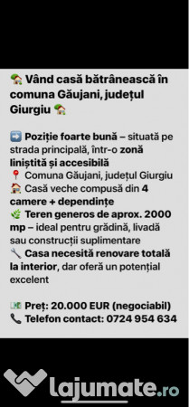 Casa bătrânească în com gaujani 1800mp teren intravilan